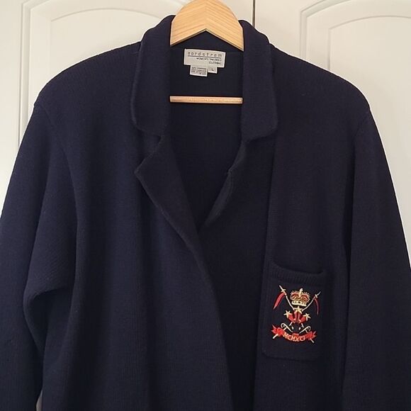 Nordstrom Tailored Wool Knit Crested Cardigan Sweater Navy Blue Size L - Picture 2 of 13